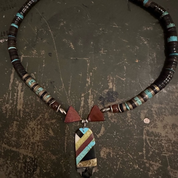 Hand Crafted “One of a Kind” ShellTurquoise/Tiger Eye & Sterling Silver Necklace - Picture 2 of 3